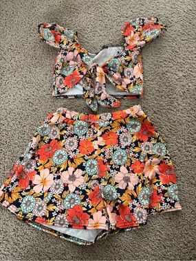 Misguided Set - Floral Tie-Front Top & Shorts Set - Navy, Coral, Pink